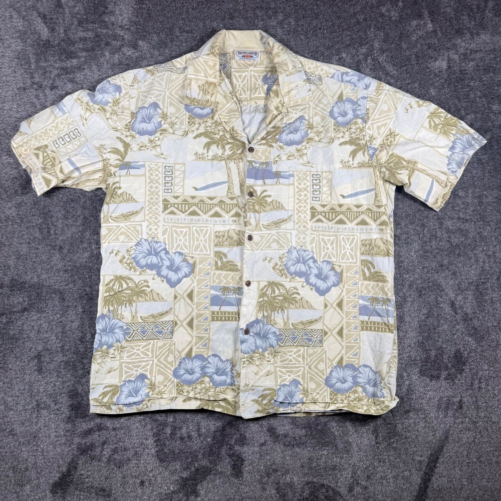 Pacific Legend Apparel Mens Hawaiian Shirt XL Tan Blue Hibiscus Tropical USA